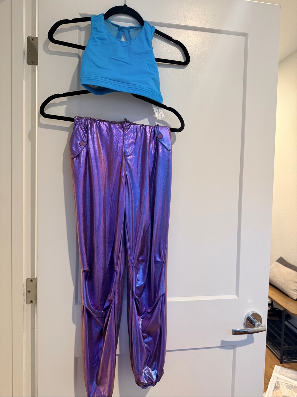 Girls Shiny Purple Holographic Dance Pants with Blue Crop Dance Top
